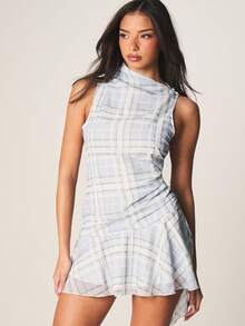 MISSGUIDED Checked High Neck Sleeveless Mini Dress With Ruched Detailing And Wrap Style Design - Multicolor - View 2