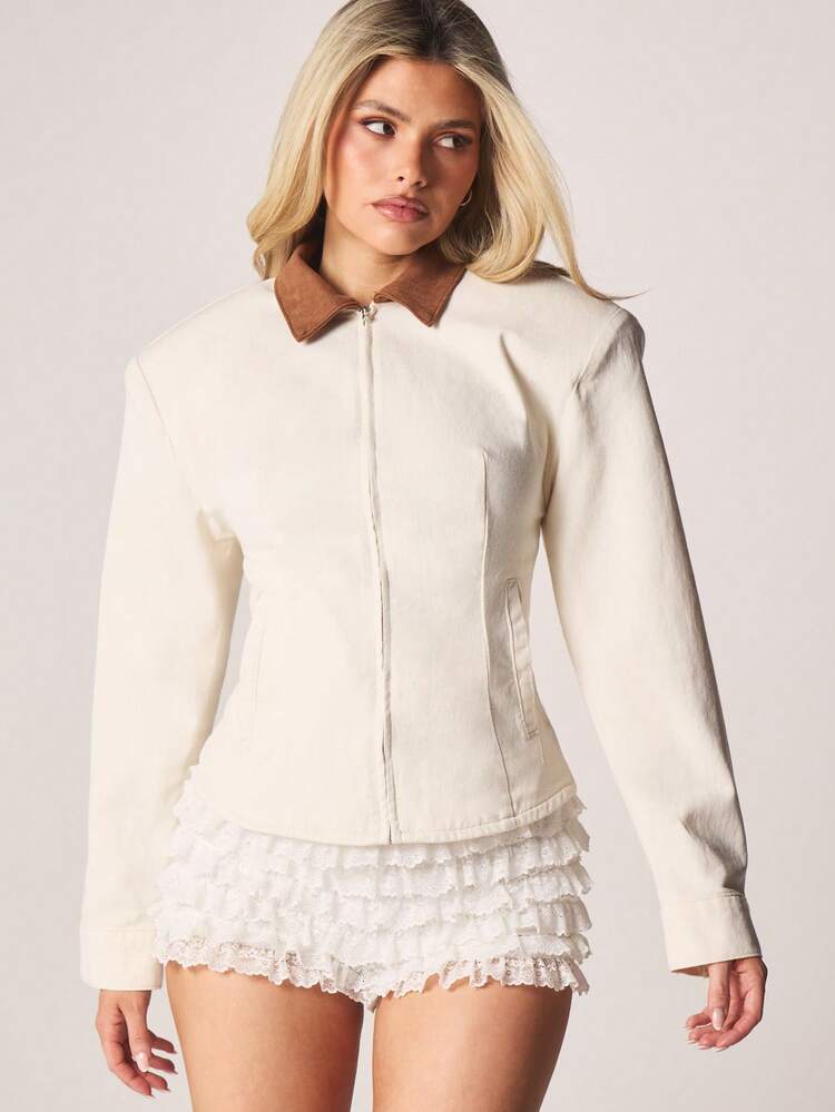 MISSGUIDED Structured Denim Jacket With Brown Suede Collar Long Sleeve Zip Front Cinched Waist Cream Twill Fall Winter