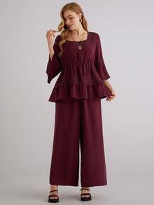 Parysyn Plus Size Women's Elegant Burgundy Lounge Set With Ruffled Tunic Top And Flowy Wide Leg Pants Comfortable Two Piece Outfit Ladies Casual Sets Blouse And Pants Set Wide Leg Pants Set Pants Suits For Woman Top And Pants Set For Women Tunic Tops For Women For Women Tunics For Women Lace Trim Top Lounge Sets For Women Pant Suits For Woman Pant Suit Set - Red Violet - View 8