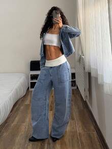 StreetHx Women's Casual Fashion Street Contrast Foldover Waist Loose Flare Leg Jeans, Suitable For Daily Commute Summer Holiday Outfits Casual Women Coachella Music Festival Barrel Jeans Valentine Day Banana Jeans Baggy Jeans Y2k Women Jeans Baggy Wide Leg Jeans Woman Loose Jeans Elastic Waist Jeans - Light Wash - View 7