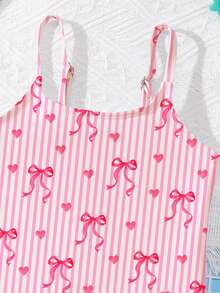 SHEIN 亮粉色，可爱蝴蝶结，爱心，条纹图案，少女休闲简约连体泳衣，适合夏季度假、海滩穿着，少女风 - 彩色 - 查看 6