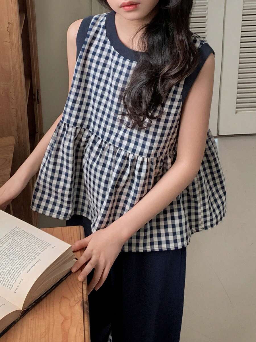 DAZY 少女格子圆领荷叶边无袖衬衫和裤子休闲套装 - 藏蓝色 - 查看 1