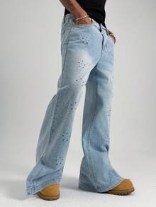 PAVTROS Men's Pocket Button Rhinestone Embellished Casual Versatile Daily Wear Wide Leg Jeans Light Jeans - Light Wash - View 3