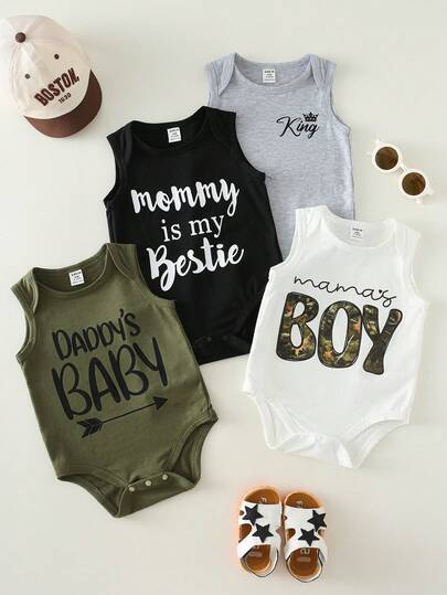SHEIN Conjunto de pelele sin mangas con estampado de lema casual y lindo para bebé recién nacido niño/niña unisex, suave y fácil de usar, body de bebé, primavera/verano