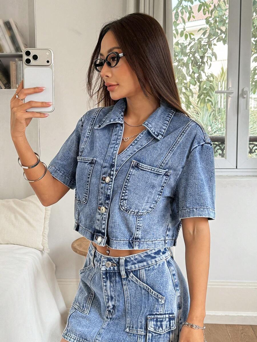 Rivivi Women's Short Sleeve Single-Breasted Cropped Casual Denim Jacket - Light Wash - View 1