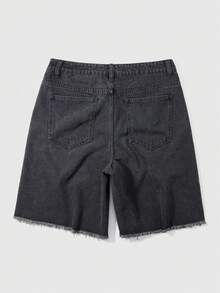 ROMWE MEN Street Life 男士休闲百搭牛仔短裤，夏季 - 黑色 - 查看 2