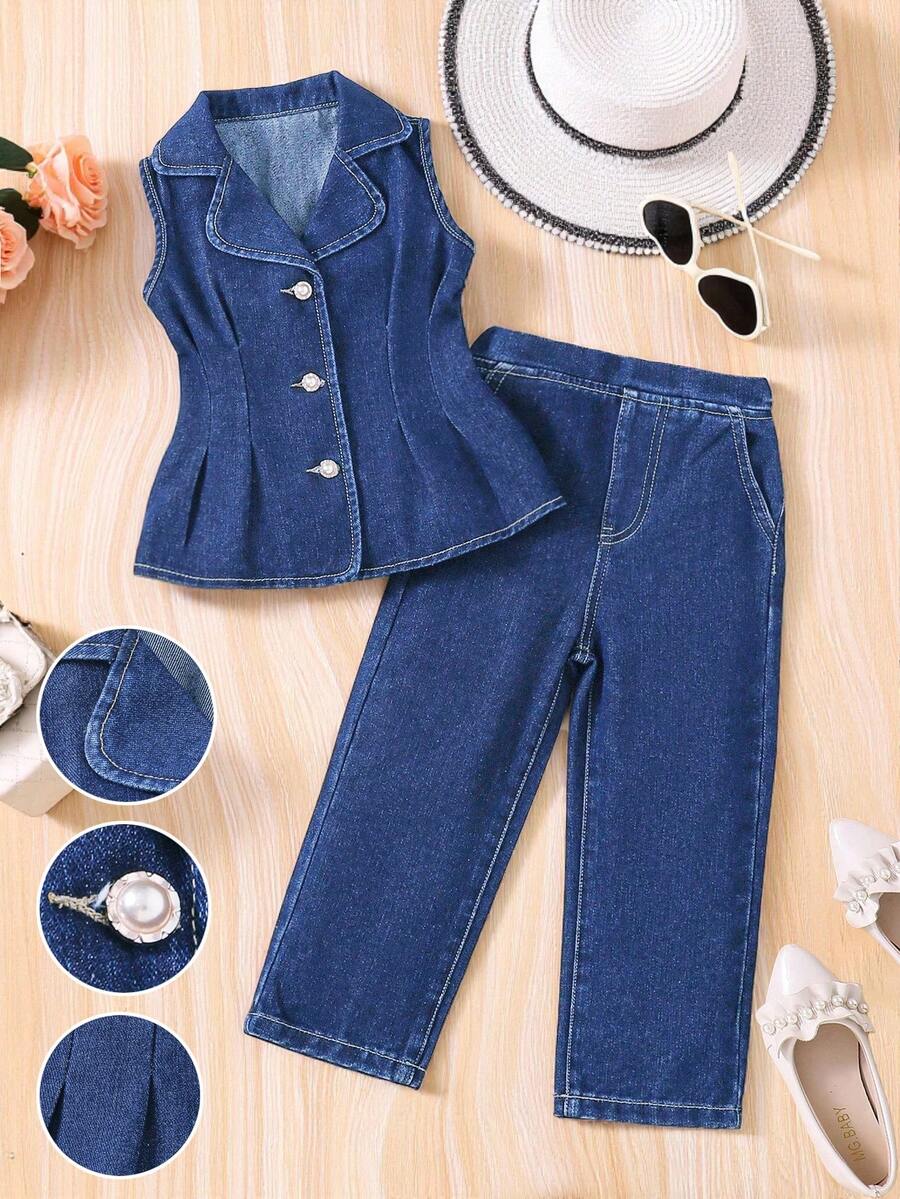 SHEIN Completo in denim da ragazza, stile gentiluomo, con gilet senza maniche e pantaloni a gamba dritta, vestiti per ragazze in autunno/inverno, outfit casual ed eleganti per il ritorno a scuola - Blu lavato scuro - Visualizzare 1