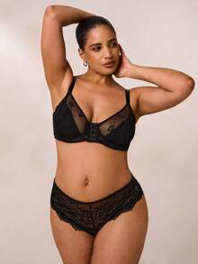 SHEIN BAE Set de 3 sujetadores con cierre delantero sin aros, cómodos, de talla grande, con encaje de red y labios sexys - Multicolor - Ver 4