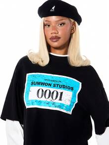 SUMWON WOMEN Oversized Contrast Long Sleeve Graphic T-Shirt With White Layered Sleeve Detail And Front Number Print For Casual Winter Streetwear - Black - View 4