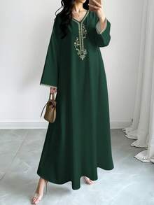 SHEIN Najma 女士腰果花印花V领长袖优雅阿拉伯风长连衣裙，春秋季 - 彩色 - 查看 1