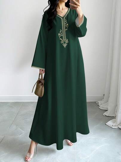 SHEIN Najma Women's Cashew Flower Floral Digital Print V-Neck Long Sleeve Elegant Arabic Maxi Dress, Spring/Autumn