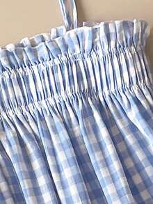 SHEIN Unity Gaun Mini Kotak-kotak Putih dan Biru Sederhana untuk Musim Panas, Tali Bahu Tipis yang Dapat Diatur, Kerah Berumbai, Cocok untuk Piknik, Gaya Vintage 90-an, Retro, Akademik, Kantor, Pesta, Pernikahan, dan Tamu. - Biru - View 3