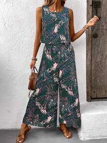 EMERY ROSE Bộ đồ 2 mảnh phong cách Bohemian cổ điển gồm áo crop top cổ tròn và quần ống rộng, trang phục thường ngày cho kỳ nghỉ biển. - Nhiều màu - Xem 5