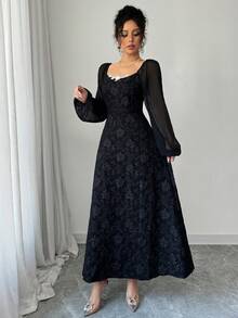 Modelyn Women's Elegant Black Random Print Long Dress With Square Neck Bishop Long Sleeves And Flared Hem For Special Occasions Elegant Dresses For Women - Black - View 5