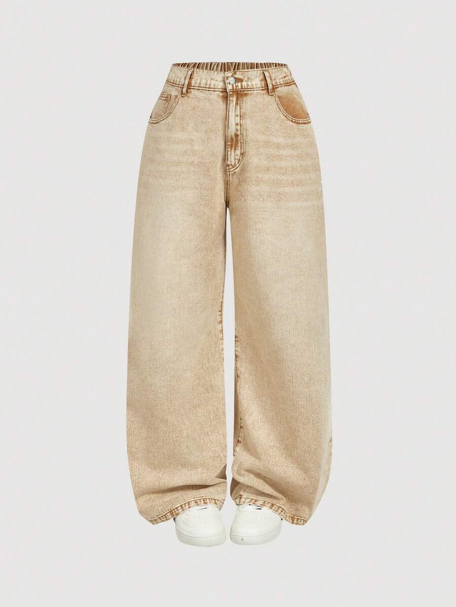 SHEIN MOD Plus Size Loose Fit Wide Leg Jeans - Khaki - View 1
