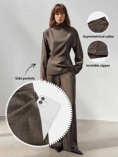 Ontre 2026SS Women's Dark Coffee Brown Lace Jacquard Non-Stretch Comfortable Fabric Asymmetric Collar Oblique Design O-Neck Top And H-Line Straight Wide-Leg Pants Modern Urban Casual Business Suit, High-Quality Airport Outfit, O-Neck Design Series Street-Cool, High-End, Simple, Cool Motorcycle Style Workwear Modern Urban Casual Fashion Business Casual Women's Office Wear Low-Key Old Money Style Effortless Temperament High-End Urban Commuting High-Quality Airport Women's Wear High-End Material Coffee B