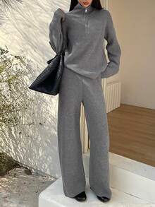 DAZY Women's Casual Solid Color Half-Zip Sweater And Wide Leg Pants 2 Pieces Set, Autumn/Winter - Light Grey - View 6