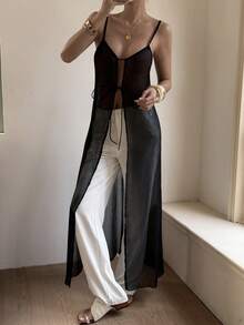 Livesso Thin Sheer Black Cardigan With Tie Front And Waist Tie, Mid-Length Design, Suitable For Spring/Summer, Music Festivals, Valentine's Day, Weddings, Casual, Beach - Black - View 8