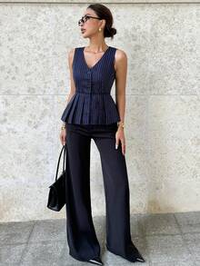 Siren Gaze 女士复古靛蓝条纹休闲马甲，春夏款 - 藏蓝色 - 查看 3