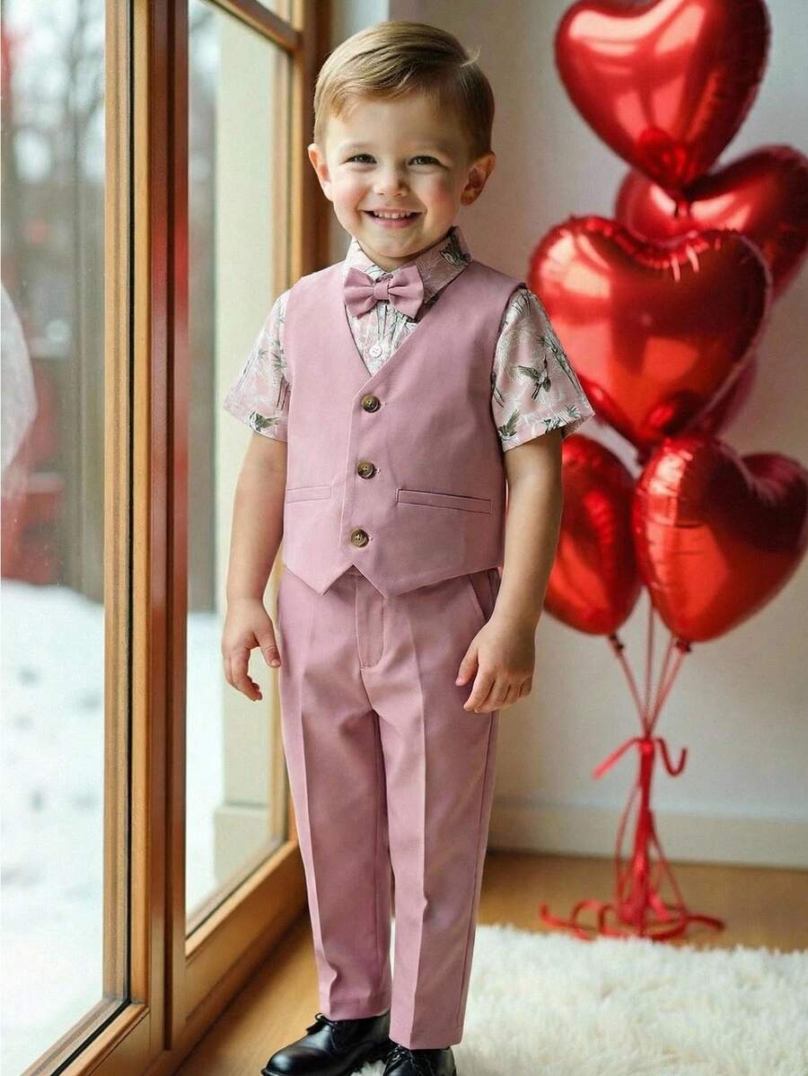 SHEIN 男童优雅修身领结衬衫、背心和裤子三件套 - 粉色 - 查看 1