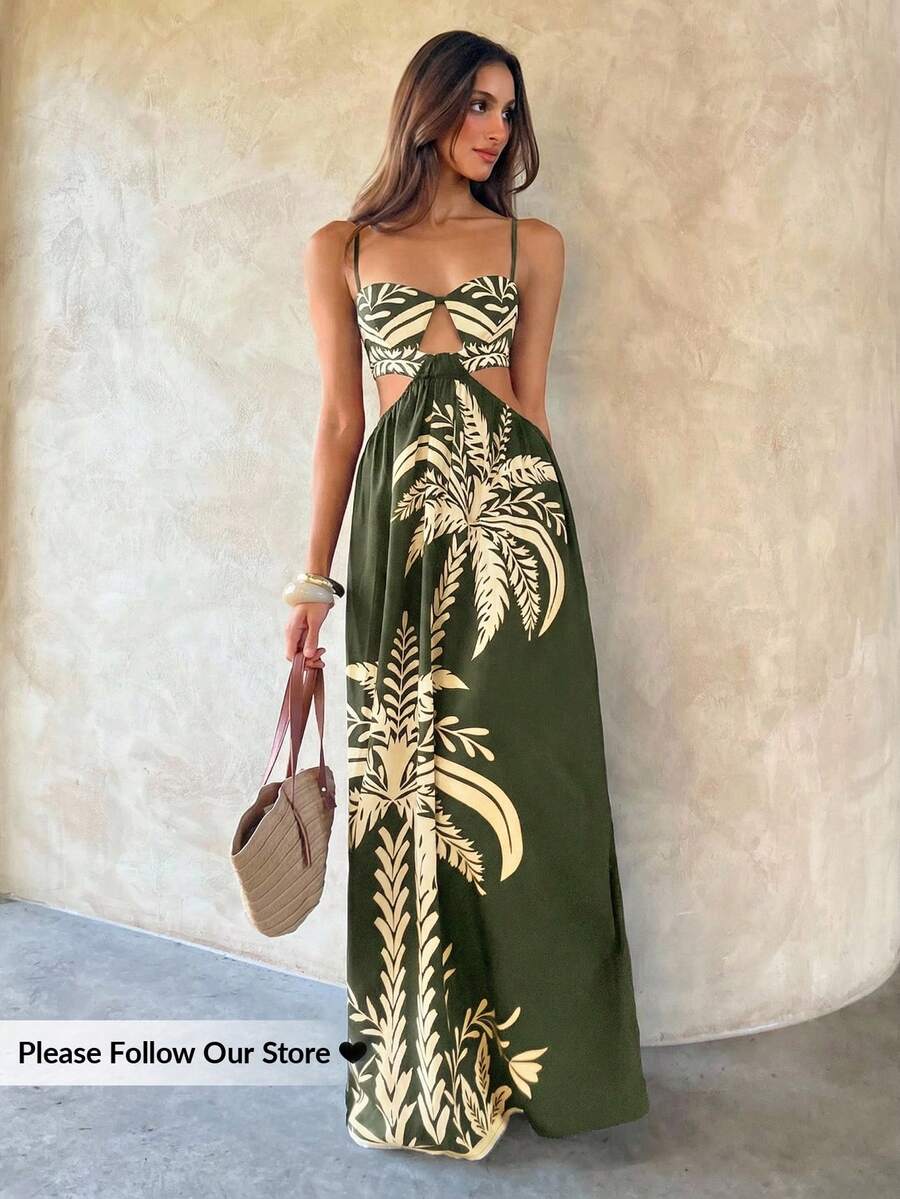 Aloruh 吊带镂空印花连衣裙，时尚夏季 - 軍綠色 - 查看 1