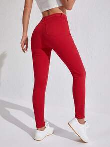 SHEIN SXY 高腰修身斜插口袋休闲牛仔裤 - 紅色 - 查看 2