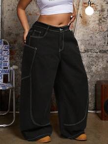 SHEIN ICON Quần jeans ống rộng dáng suông thời trang thường ngày cho nữ cỡ lớn, thêu chữ, đường chỉ tương phản, thích hợp cho việc đi làm hàng ngày. - màu đen - Xem 5