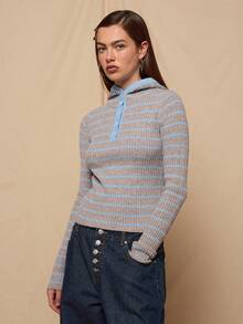 COUREZ 条纹罗纹针织连帽衫，带拇指孔 / Y2K 春季女装，可爱灰色连帽衫，外出上衣，夏季连帽衫，夏季穿搭 - 彩色 - 查看 4