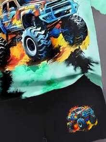 SHEIN 2pcs/Set Toddler Boys Customized Short Sleeve Shorts Set, School, Campus, College - Green - View 3