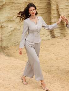 Modelyn Women's Spring/Summer Grey Woven Long Sleeve Snap Button Waist A-Line Faux Pocket Elegant Blouse And Long Straight Skirt Set - Grey - View 7