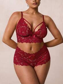 SHEIN BAE 2 件套大码女士蕾丝内衣套装 - 酒紅色 - 查看 1