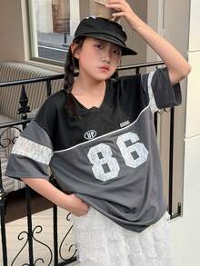 DAZY Camiseta de verano versátil y holgada con cuello en V y bloques de color para niñas preadolescentes - Negro - Ver 3