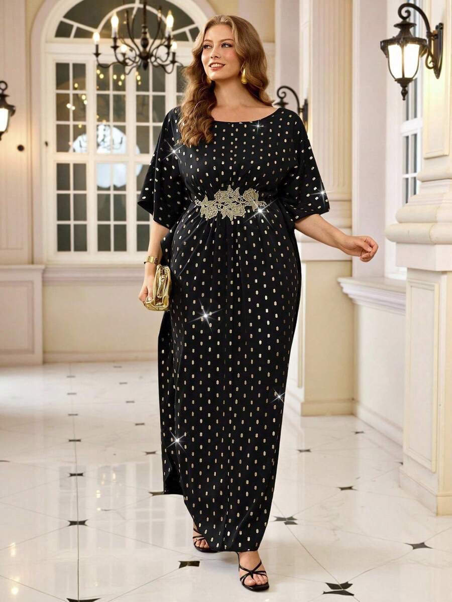 Roveilla Plus Size Women's New Wedding Guest Batwing Sleeve Middle Eastern Elegant Loose Dress, Romantic Long Dress With Embroidery Decor, Platinum Polka Dot Dress, Wedding Guest Gown Luxury Dress For Women Caftan Dress Maweii Plus Size Dress Curve Elegant Dress Plus Size Elegant Dress Luxury Caftan Dress For Women Plus Size Evening Gown
