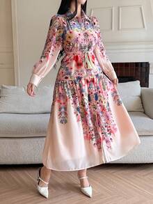 DAZY Đầm in họa tiết cho nữ, cổ ve lật, tay dài, cao cấp, thắt eo, đầm chiffon Pháp sang trọng, đầm dài nữ, đầm hè, đầm hoa cho nữ - Màu be - Xem 3
