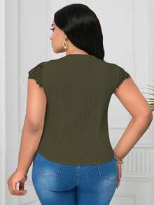 SHEIN Clasi Plus Size Contrast Lace V-Neck Textured Fabric Blouse - Army Green - View 2