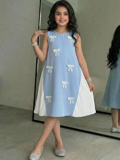 SHEIN Tween Girl Casual Elegant Woven Solid Color Contrast Bow Decor Puff Sleeve A-Line Dress, Princess Dress, Everyday Wear, Back To School, Blue Dress, Bow Dress