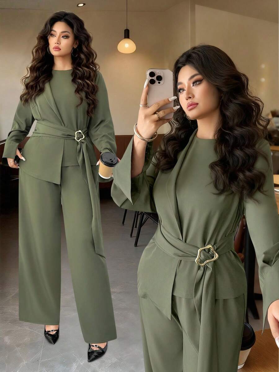 Elenzga 大码女式优雅通勤长袖不对称下摆系带衬衫和裤子两件套 - 軍綠色 - 查看 1
