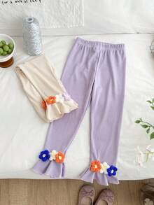 SHEIN Genkimix Kids 2件套 女童甜美可爱弹力罗纹3D立体花朵装饰喇叭裤，紫色和杏色组合，适合春季日常穿着 - 紫色 - 查看 2