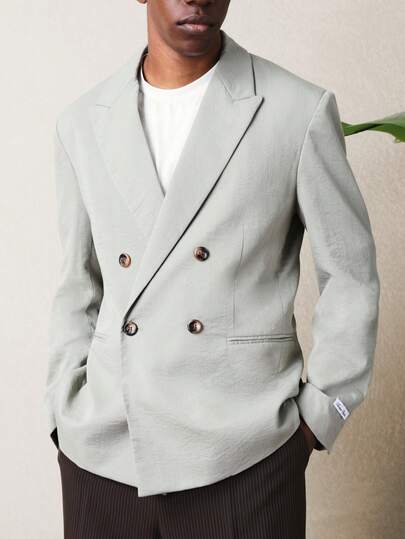 SUMWON Double Breasted Linen Feel Blazer Formal Tailored Lapel Structured Suit Jacket Business Professional Office Wear Wedding Party