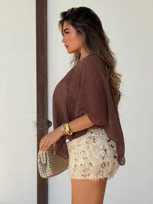 Maria Perezxox 新款时尚杏色多功能针织提花镂空连体露背披肩领多穿度假风轻薄罩衫棕色上衣 - 咖啡棕 - 查看 6