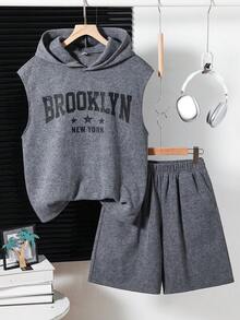 SHEIN 2件組青少年男孩連帽無袖上衣與短褲套裝，黑色，夏季街頭生活休閒圖案街頭時尚，短袖T恤，適合學校與外出穿著 - 灰色 - 查看 5