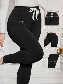 Modelyn 大码女士优雅舒适针织收腰休闲长款打底裤，春秋季 - 黑色 - 查看 1