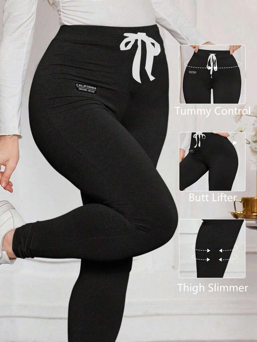 Modelyn 大码女士优雅舒适针织收腰休闲长款打底裤，春秋季 - 黑色 - 查看 1