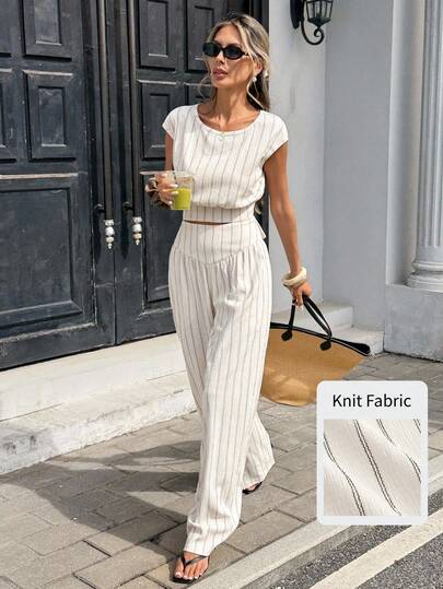 Serisse Women's Striped Round Neck Dolman Sleeve Shirt And Wide Leg Pants Casual 2 Pieces Set Summer