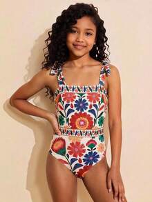 Travachic KIDS Tween Girls' Summer Vacation Beach Floral Print Tie Shoulder One-Piece Swimsuit - Multicolor - View 1