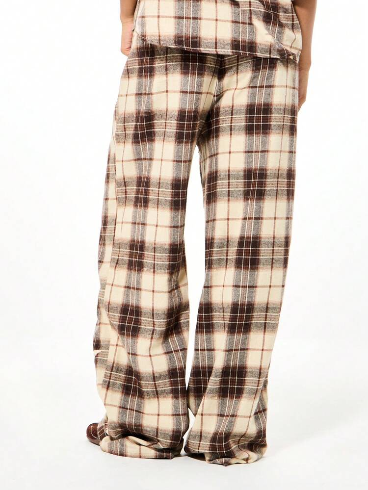 SUMWON WOMEN Plaid Wide Leg Flannel Pants With Drawstring