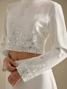 CLARA VERO Women's V-Neck Beaded Puff Sleeve Fitted Blazer - White - View 3