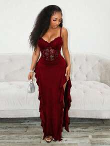 BamGleam Đầm hai dây ren xẻ cao gợi cảm thời trang dành cho nữ - Đỏ - Xem 4