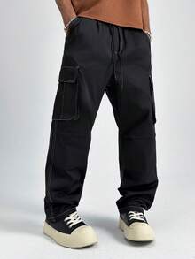 PAVTROS Herren Lässig Hose mit Kontrastnaht, Kordelzug Taille, weites Bein, Neujahrgeschenk, Grunge Streetwear Lässig Cargohose - Schwarz - Übersicht 5