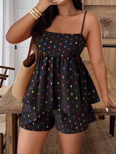 Weeklong Plus Size Women's Colorful Metallic Sleeveless Ruffle Hem Casual Vacation Outfit, Spring/Summer